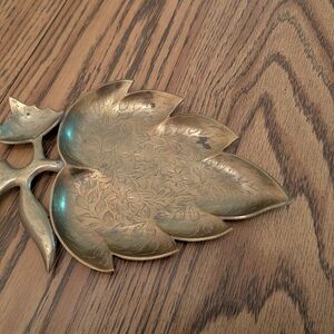 Brass Leaf-Shaped Tray with Engraved Floral Pattern, Handmade Decorative Piece